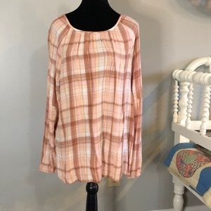 Top plaid gauze in white peach cream rust Sonoma XL Long sleeve